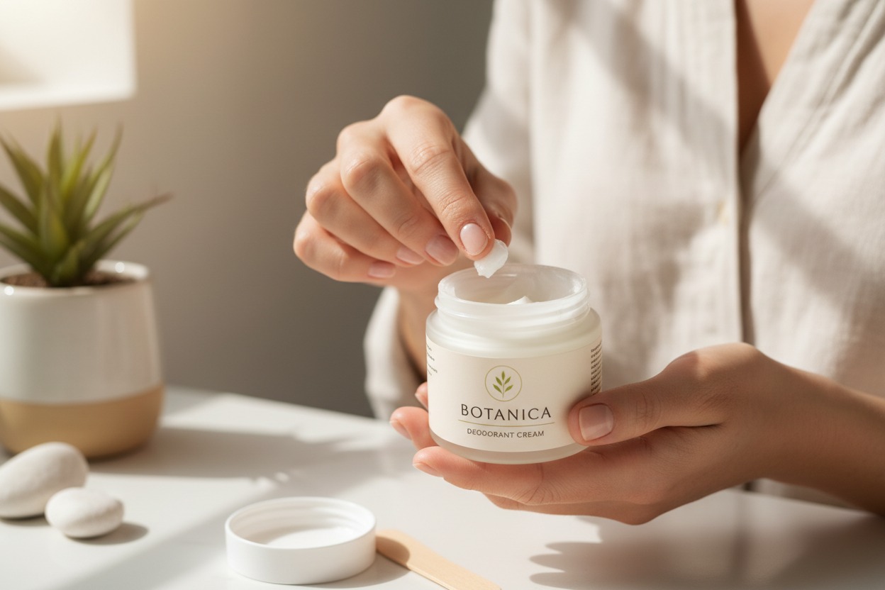 A person scoops a small amount of Botanica deodorant cream from a glass jar with their finger.